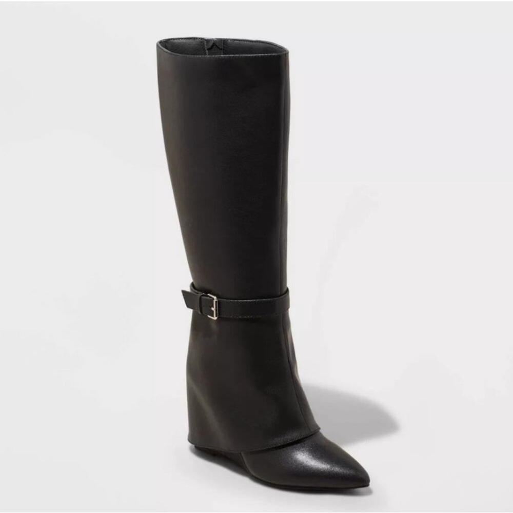 NWOT- Brand New Black Wedge Heeled Boots with Silver Buckle size 11 NEVER WORN